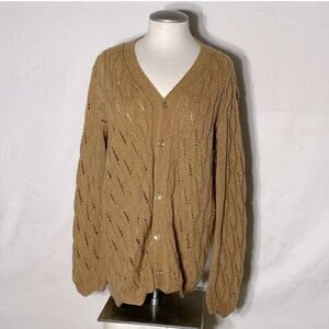 Handmade Tan Textured Diamond Knit V Neck Long Sleeve Button Up Cardigan M